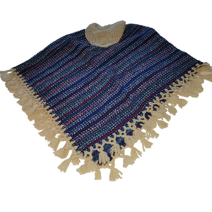 Handmade heavy poncho fringe wood button Winter One Size Multicolor Wool Cotton