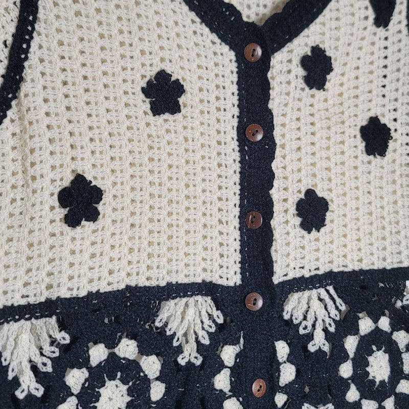 Crochet Knit Vest Floral Sleeveless Cardigan Retro V-Neck Button Down Crop Top