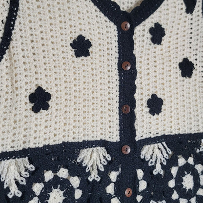 Crochet Knit Vest Floral Sleeveless Cardigan Retro V-Neck Button Down Crop Top