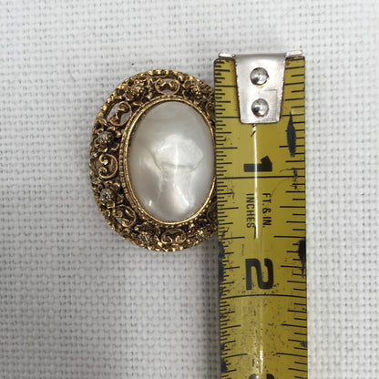 Vintage Estate Faux Pearl Brass Renaissance Brushed brass Tie Scarf brooch Clip