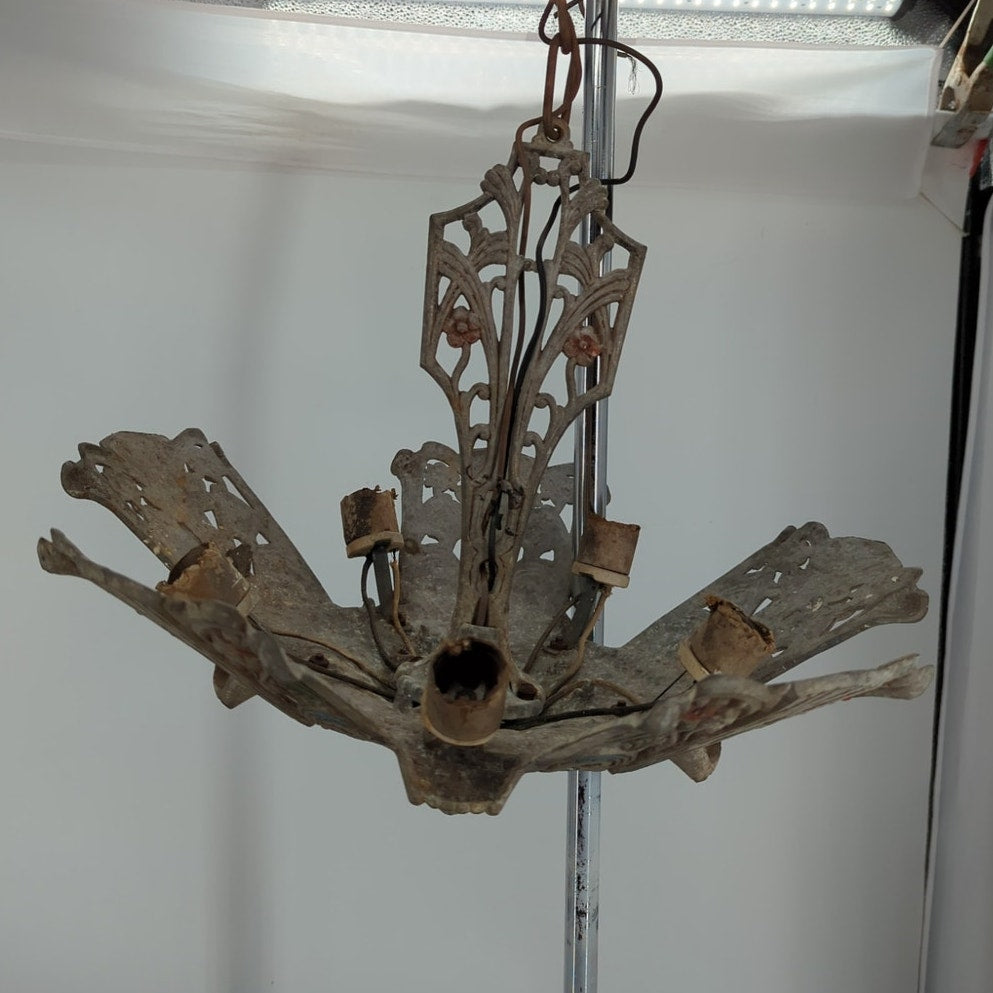 1930s Art Deco Slip Shade 5 Light Chandelier Fixture Restoration Cast Alumium