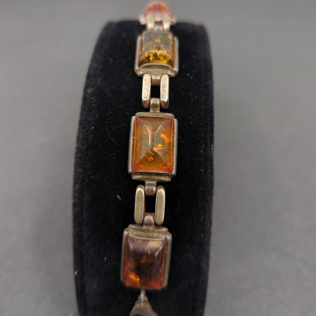 Vintage Amber Glass Emerald Cut Link Bracelet MCM Goldtone dark academia autumn