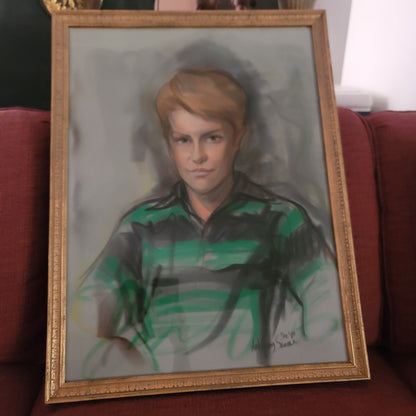 1980's Young man Chalk Pastel Painting Aet wall decor Boy teenager in Polo Blond