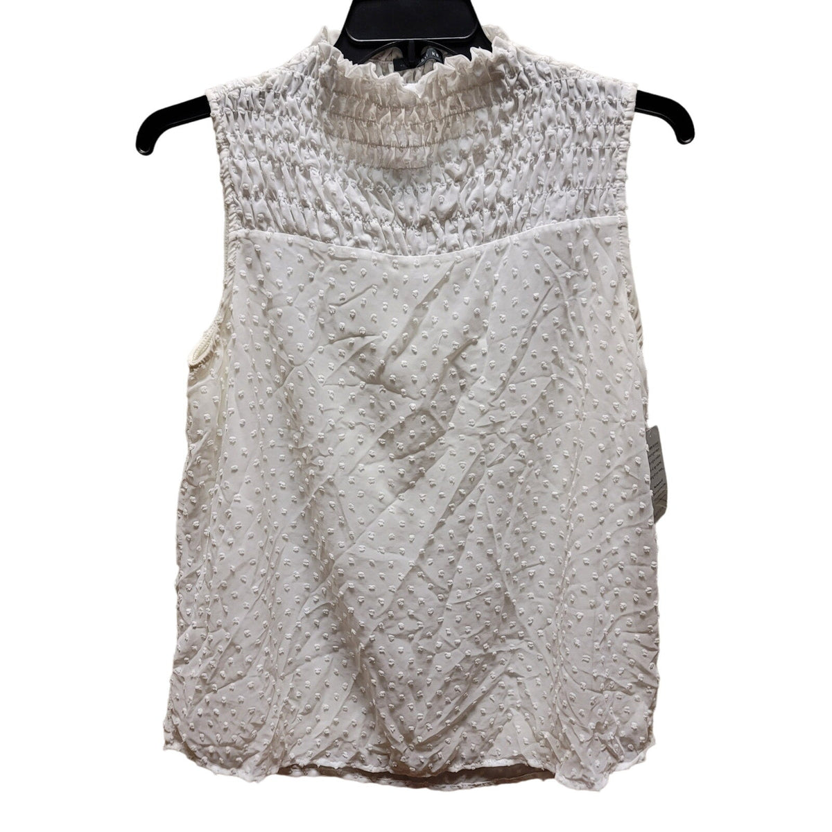 WEST Kei white blouse swiss dot Sleeveless Smocked chest Mock Neck NEW XL casual