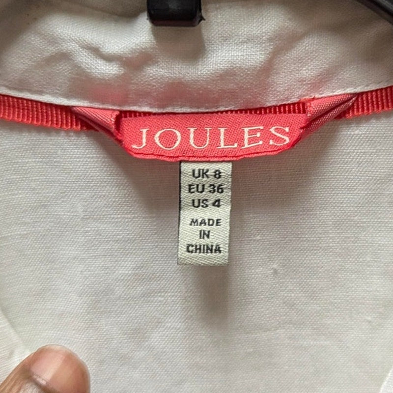 Joules Linen Button Up Shirt Womens US 4 White Pocket Long Sleeve Blouse