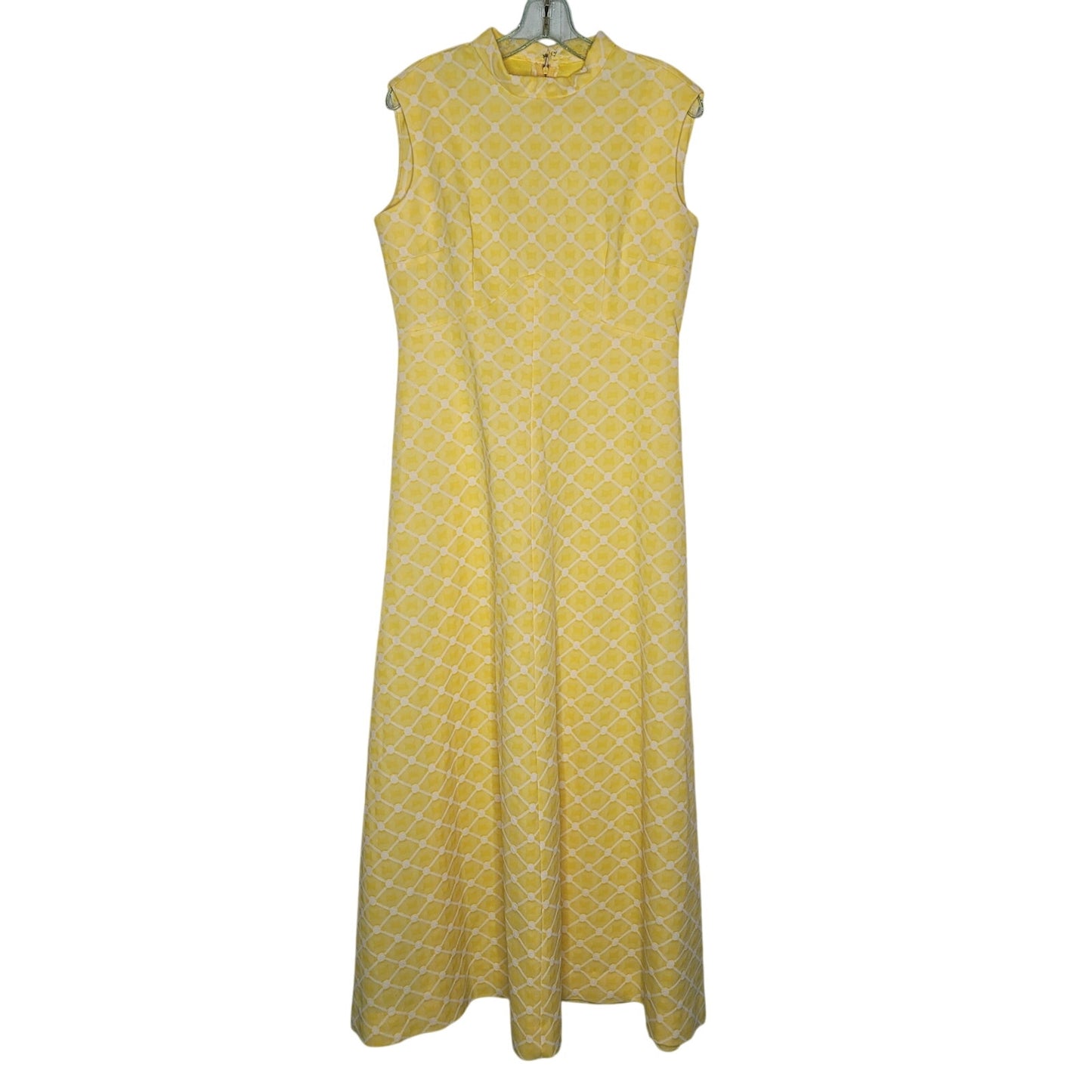 Vintage Size Large Polyester Yellow White Square Sleeveless Dress Maxi 1960s