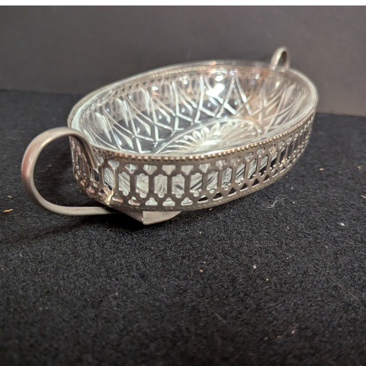 Vintage Cut Glass & Pierced Silverplate Relish Dish Set