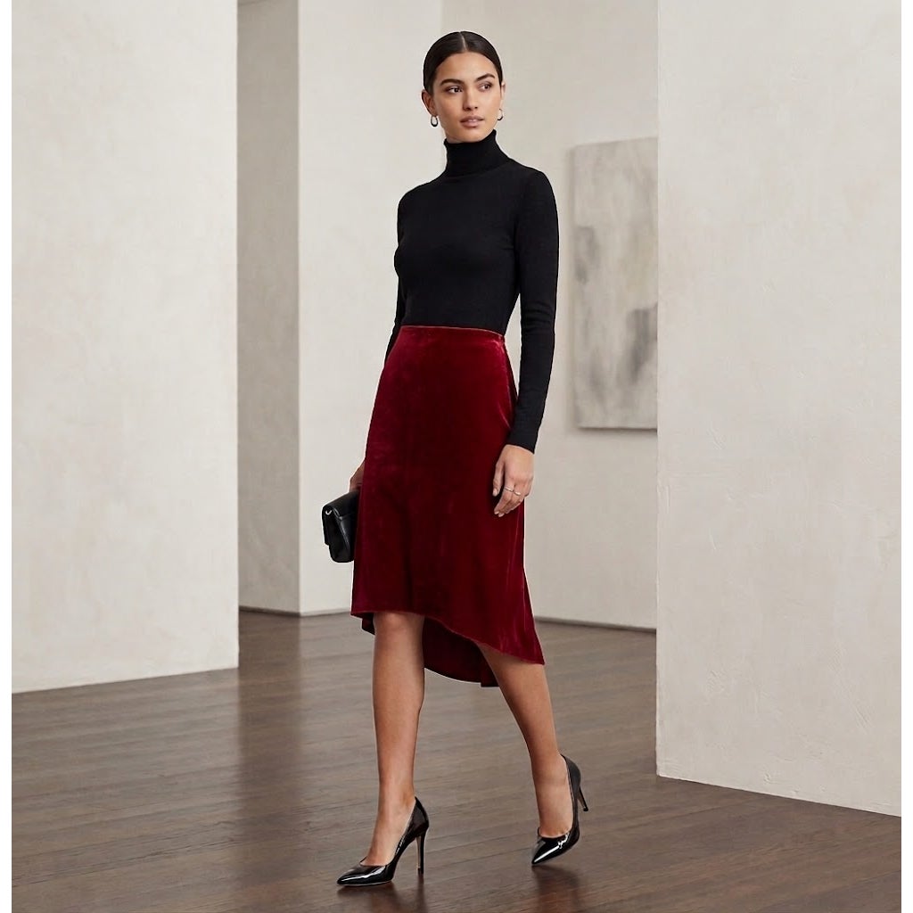 Cato Vintage Faux Suede Hi-Low Knee length Skirt Back Zip Solid Red Size 14