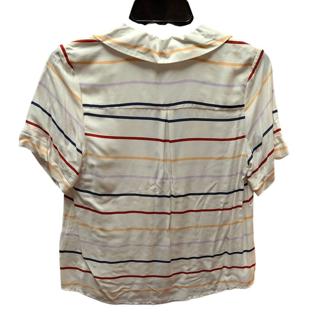 Copper Key Striped Camp Collar Blouse Women XS Ivory Multicolor Short Sleeve Top