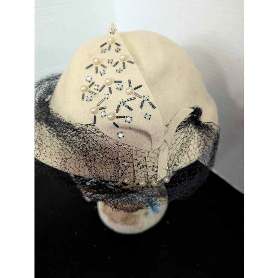 Vintage Hornberger Berkshire Wool Hat Cream Rhinestone Netting 1950s