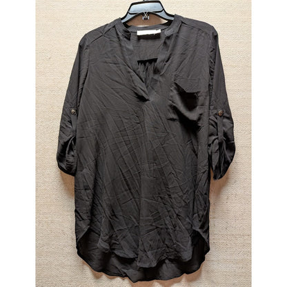 All in Favor Size Small Black Blouse Top Roll Tab Sleeve V Neck Career Round Hem