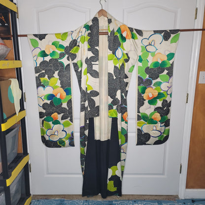 Vintage Silk Furisode (long sleeve) Kimono Robe Black Green White Orange Floral