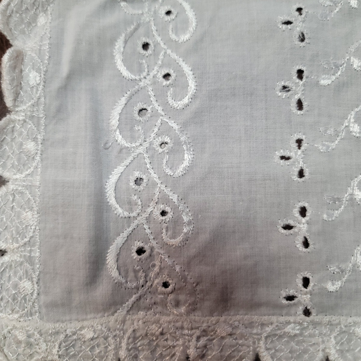 Vintage eyelet white table runner 44" x 13" lace cotton scallop edge