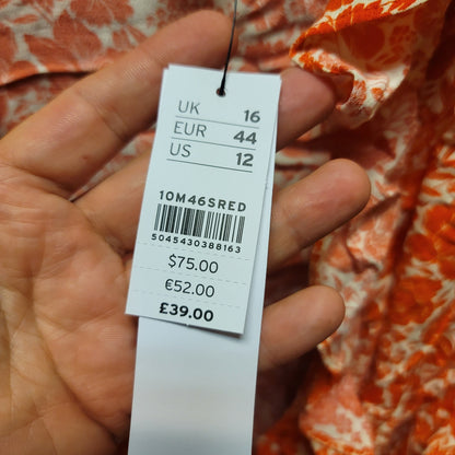 Topshop Orange Red Wrap Floral Short Dress Size 12 Ruffle collar Long sleeve NEW
