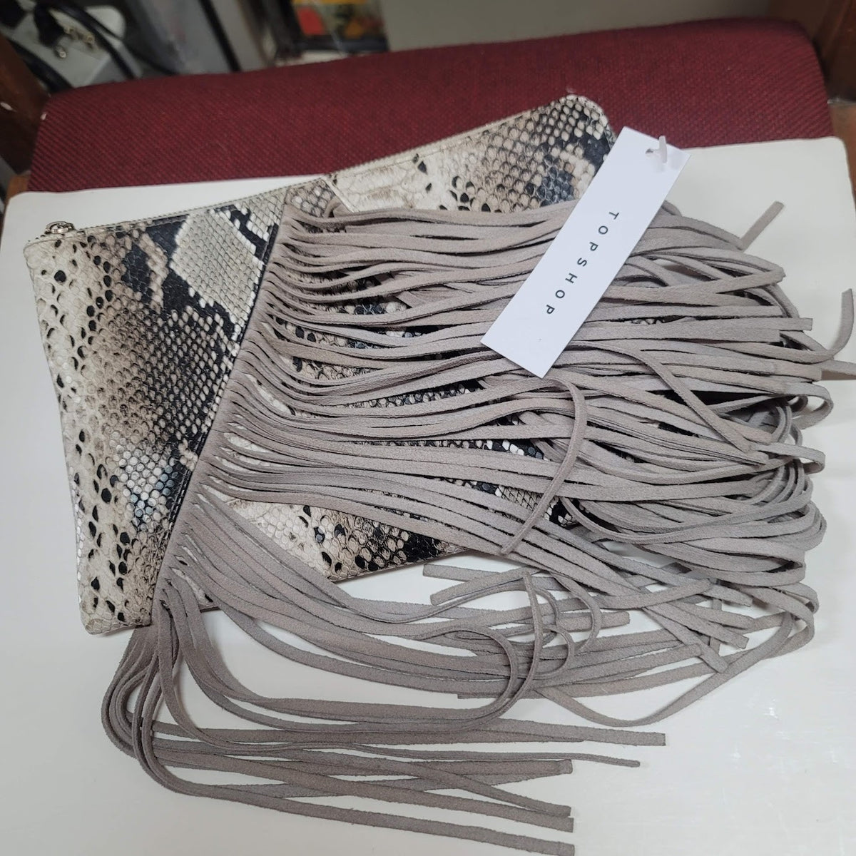 TOPSHOP BOHO Faux snakeskin Fringe Metal Chain Crossbody Bag clutch
