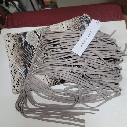 TOPSHOP BOHO Faux snakeskin Fringe Metal Chain Crossbody Bag clutch