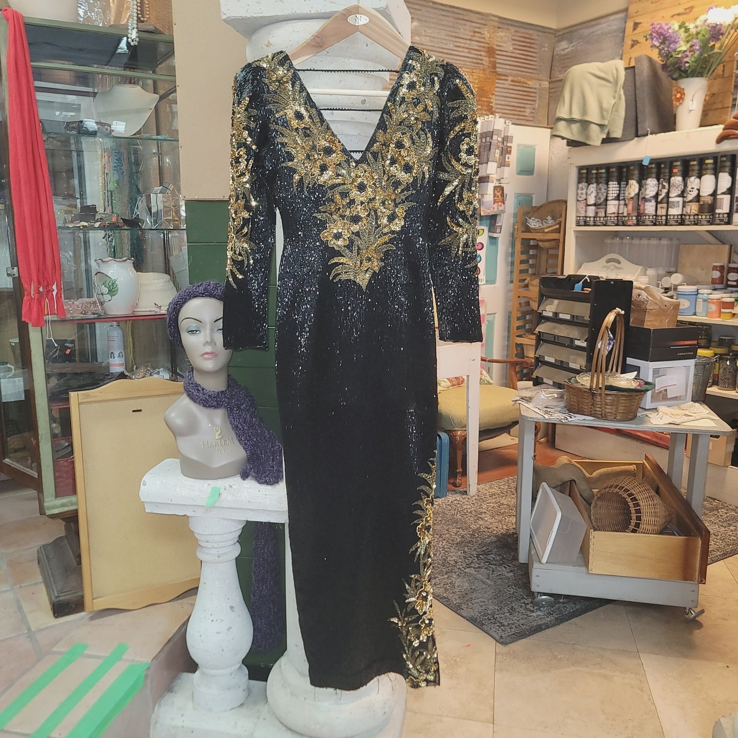 Sho Max SILK heavy beaded sequin dress 80s Vintage Formal SMALL gown Black Gold