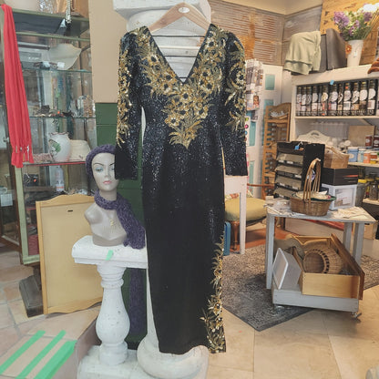 Sho Max SILK heavy beaded sequin dress 80s Vintage Formal SMALL gown Black Gold