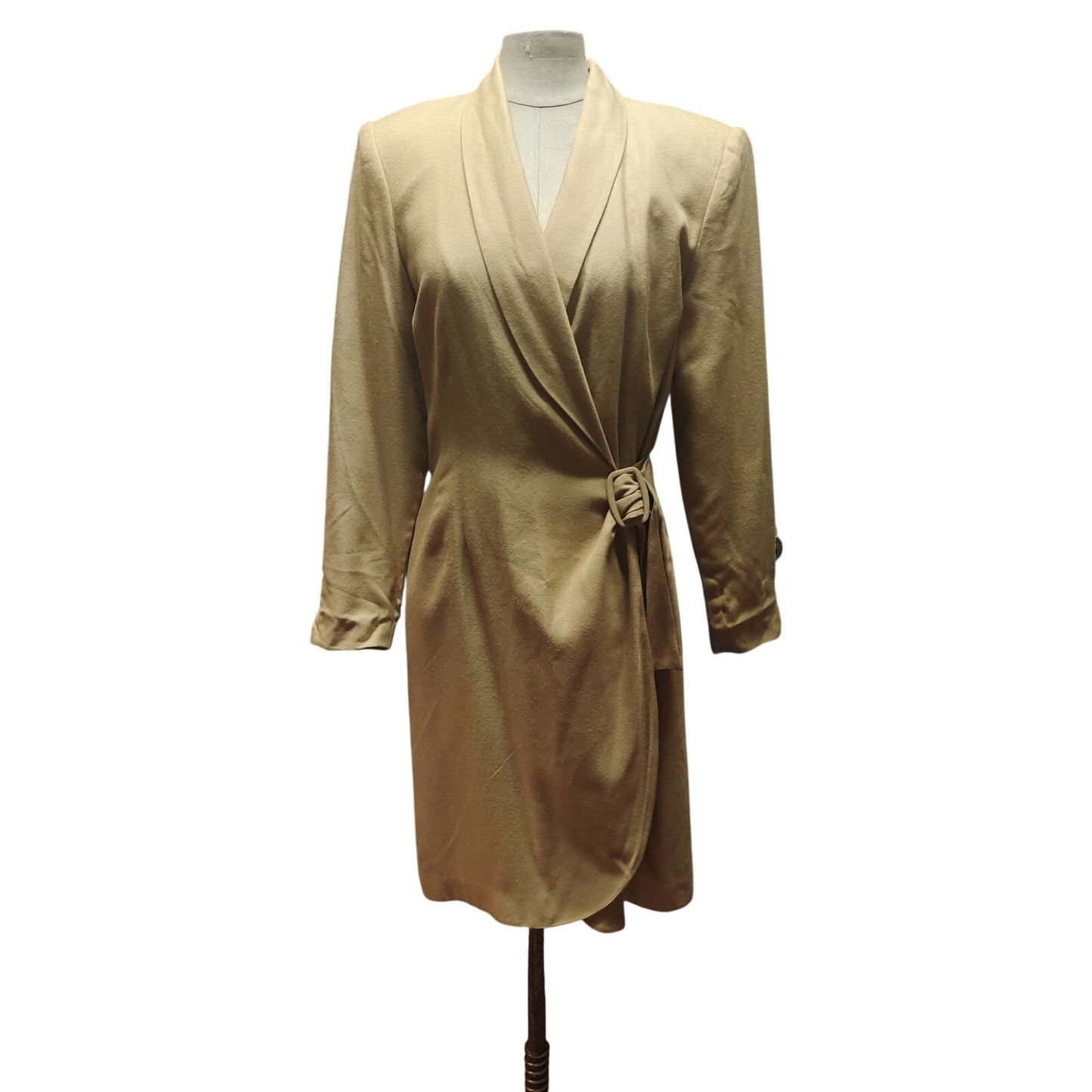 Vintage 80s Kasper ASL Tan Pass Side Belt Blazer Wrap Dress 4 Career Long Sleeve