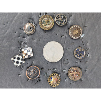 LOT RR of 10 Antique Vintage Victorian Brass Mixed Materials Buttons ESTATE FIND