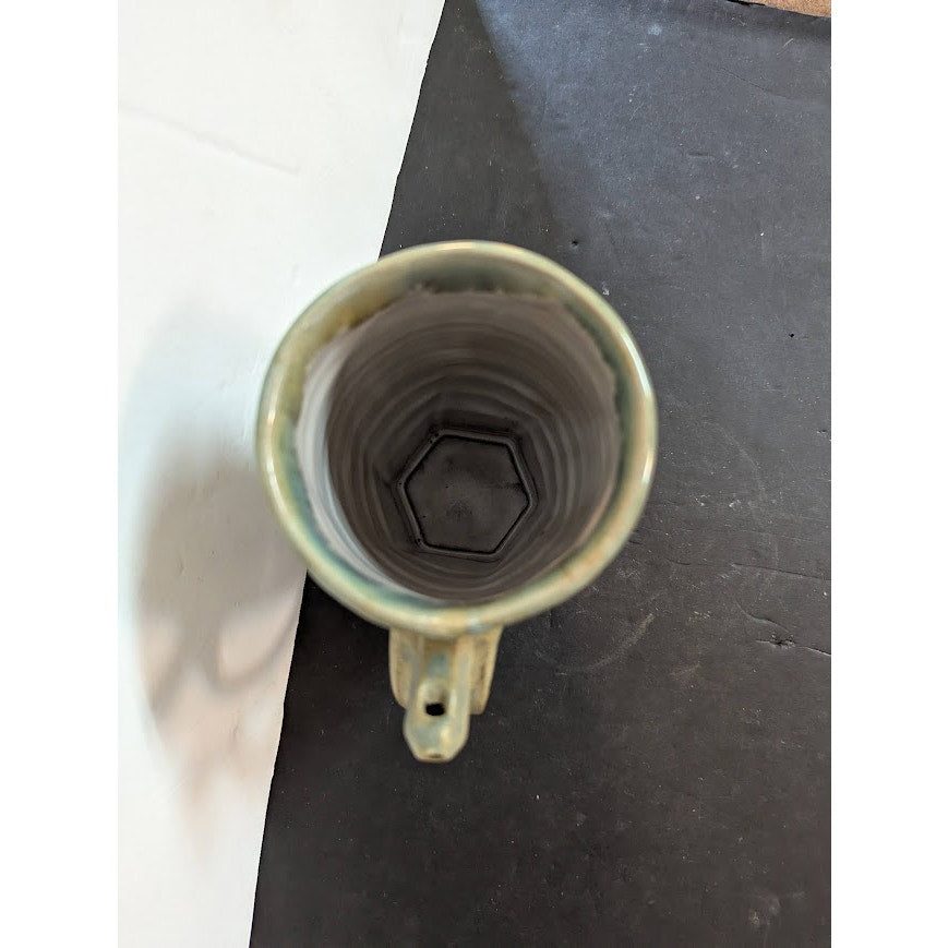 Vintage Handmade Pottery Mugs by Schmidt Green Tan Whistle Wenching Earthy Style