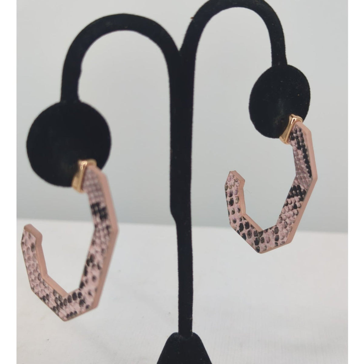 Vintage Pink & Black Faux Snakeskin Geometric Hoop Earrings
