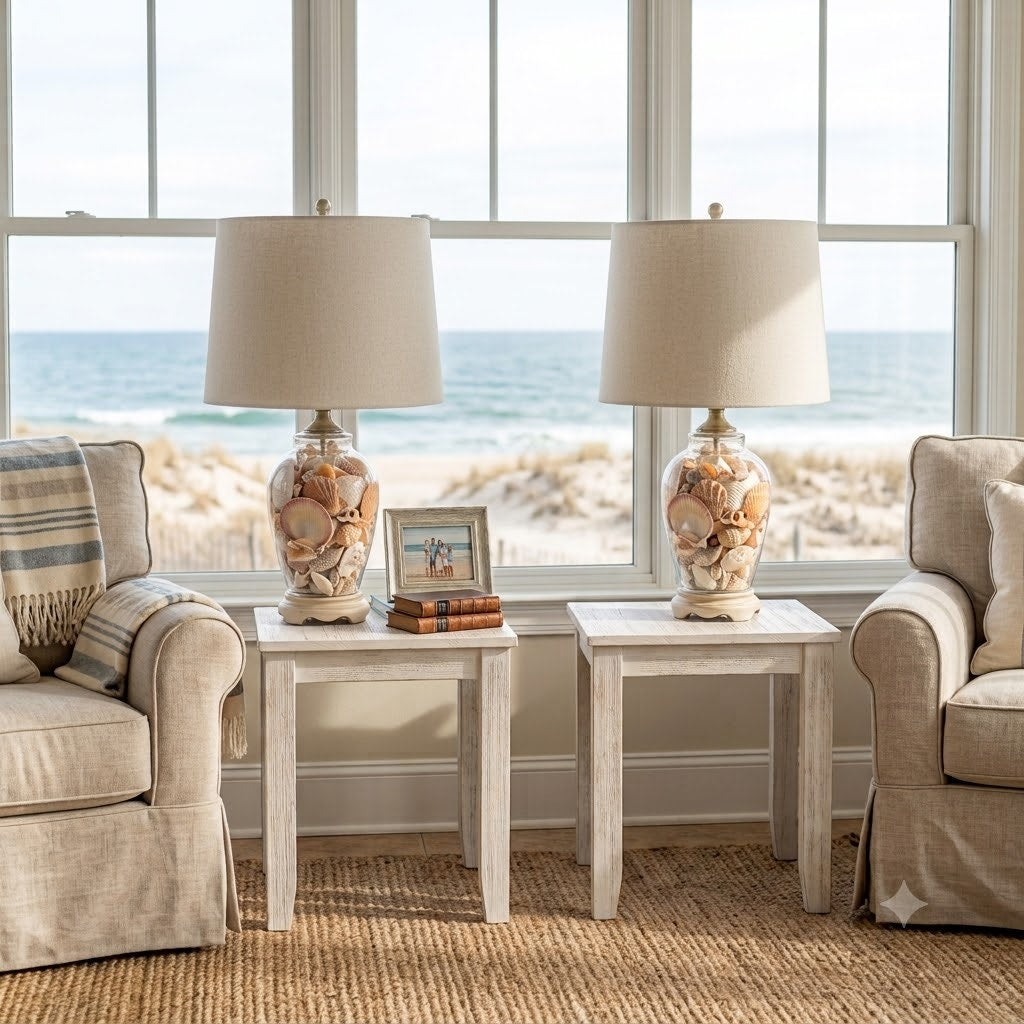 Pair Vintage Coastal Beach House Sea Shell Filled Glass Table Lamps Nautical