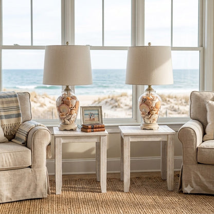 Pair Vintage Coastal Beach House Sea Shell Filled Glass Table Lamps Nautical