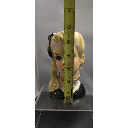 Retro MCM Kitsch Planter Blonde Lady Headvase Black Bow Glam Side Pony Vase