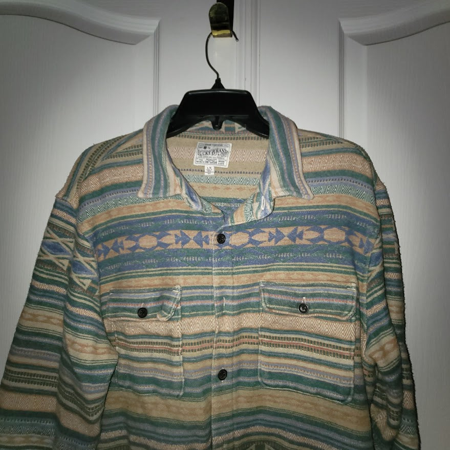 Lucky Brand Men's Green Tan Patterned Shirt Jacket Aztec Button Down LARGE heavy