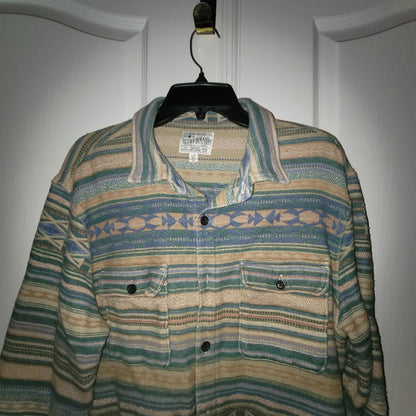 Lucky Brand Men's Green Tan Patterned Shirt Jacket Aztec Button Down LARGE heavy