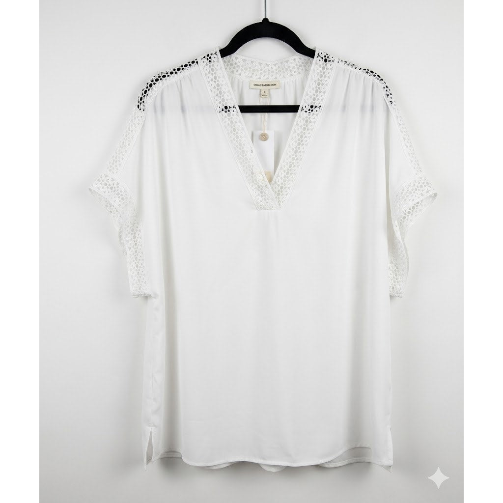 Max Studio White Lace-Trim V-Neck Blouse: Breezy Casual Short Sleeve Top Size 2X