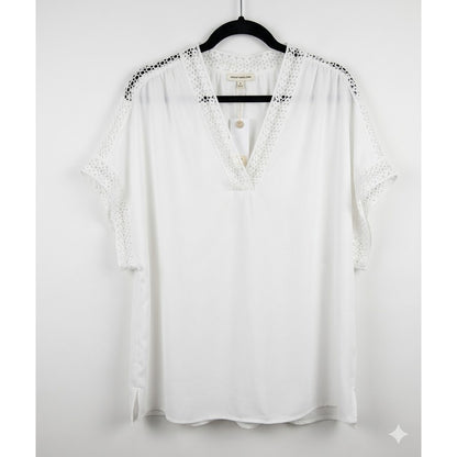 Max Studio White Lace-Trim V-Neck Blouse: Breezy Casual Short Sleeve Top Size 2X
