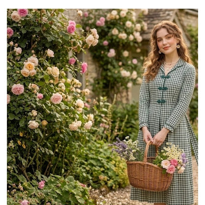 Vintage Plaza South Green Gingham Check Midi Dress Large Frog Closures Medium