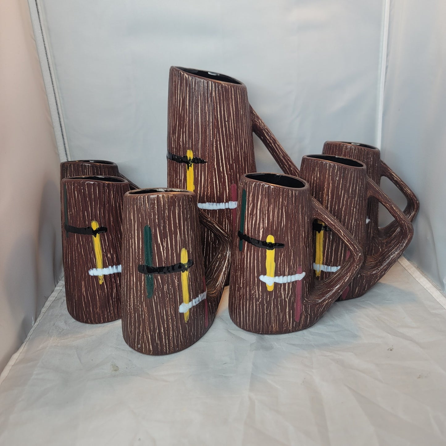 MCM textured pitcher and serving mugs cups Textured bark Brown Orange White SET
