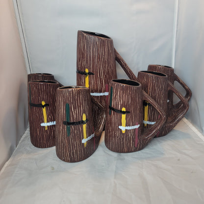 MCM textured pitcher and serving mugs cups Textured bark Brown Orange White SET