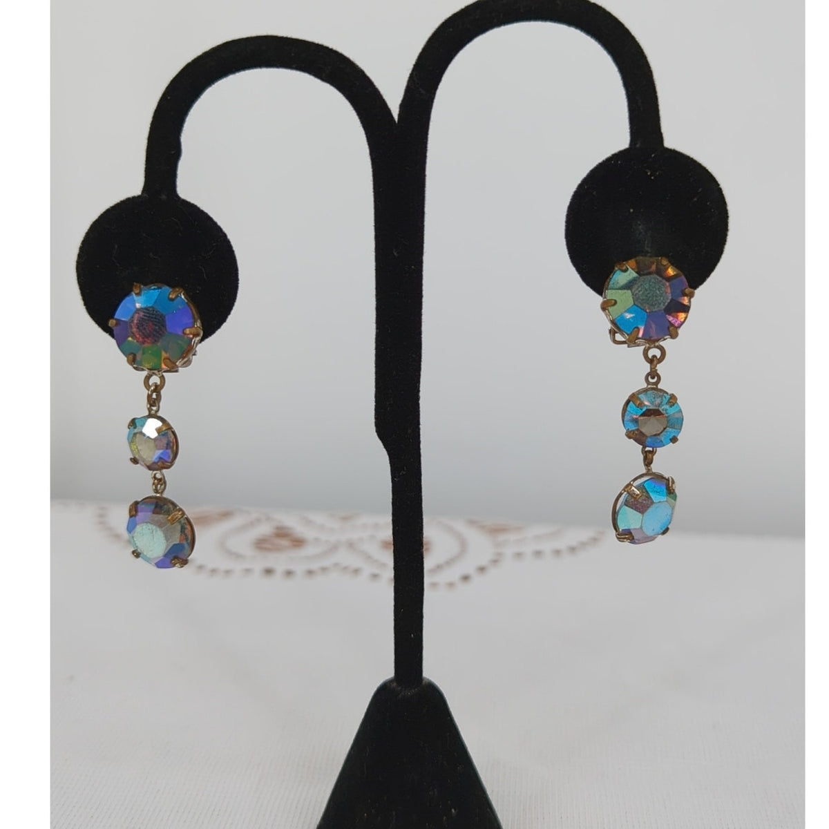 Vintage Aurora Borealis Crystal Drop Clip-On Earrings Retro Glamour