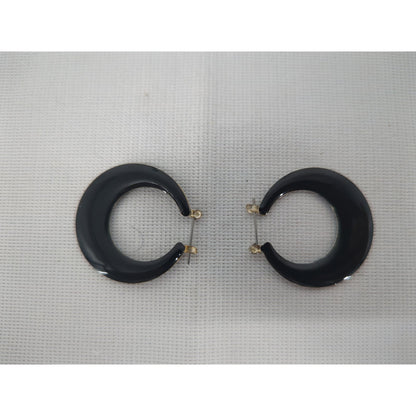 Vintage Glossy Black Enameled Chunky C-Hoop Earrings