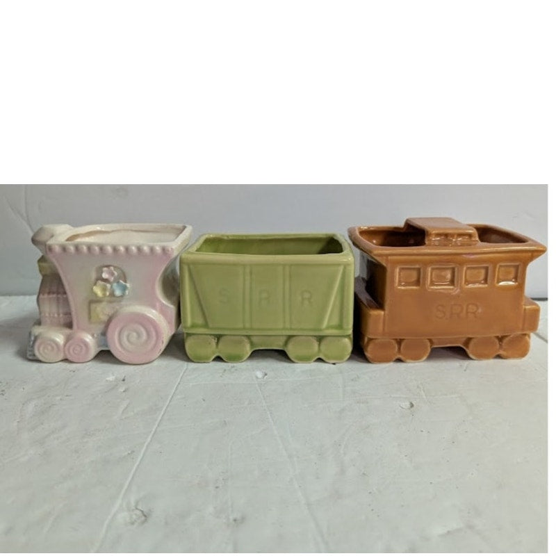 Vintage Ruebens Japan 3 Pc. Ceramic Train Planters Multi 4"x3" Engine Railroad