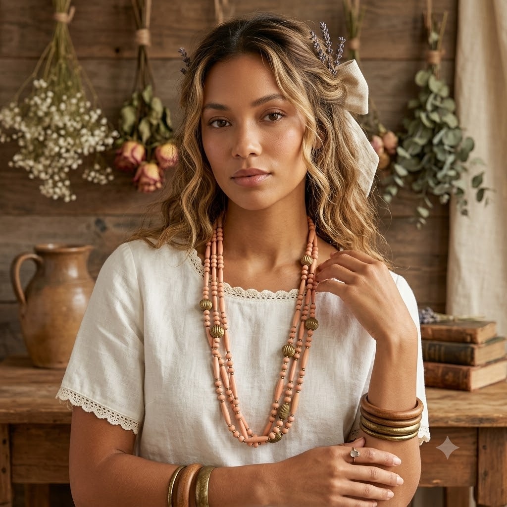 Vintage Multi Strand Peach & Gold Bead Necklace Mid-Century Boho Chic