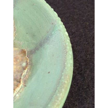 Art Pottery studio signed Elaine candle holder Green Leaf Design Natural