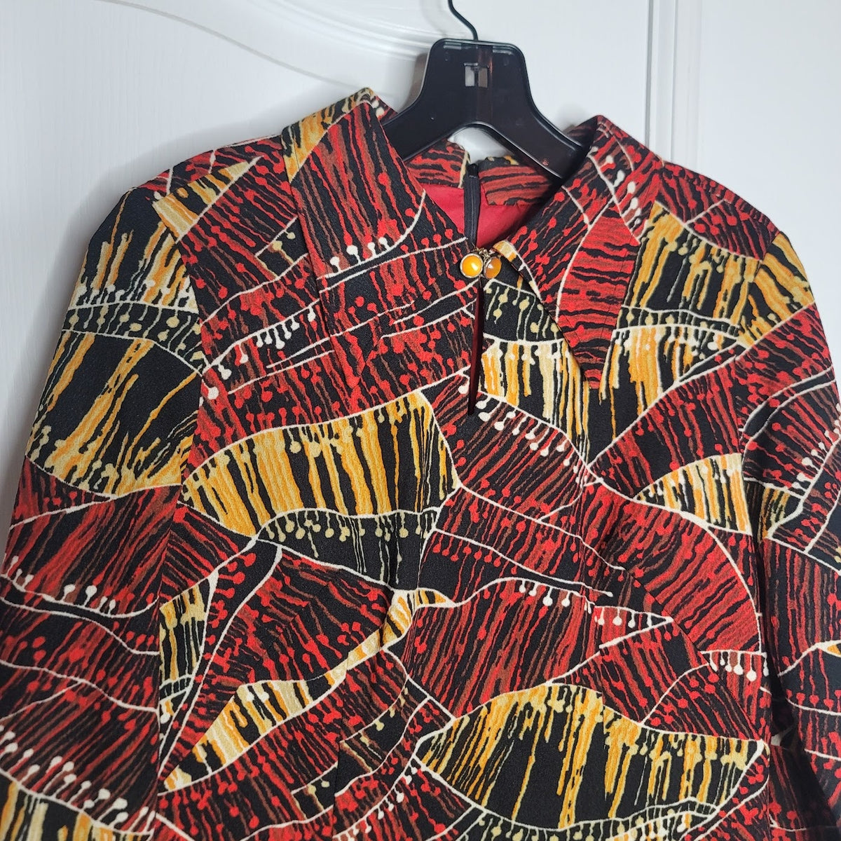 Vintage Geometric Gold Red Black 1960s Mini Dress Long Sleeve Medium button