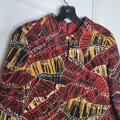 Vintage Geometric Gold Red Black 1960s Mini Dress Long Sleeve Medium button