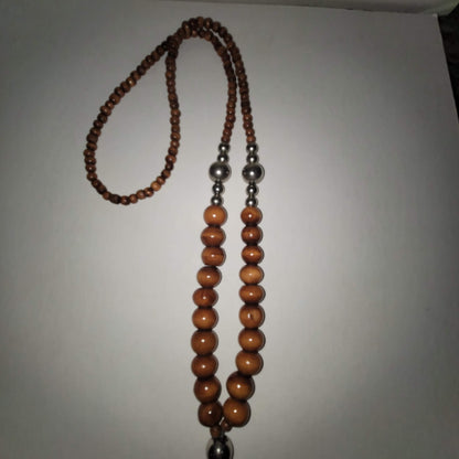 Wood Metal silver tone elephant Ganesh pendant Single Strand Necklace tassel