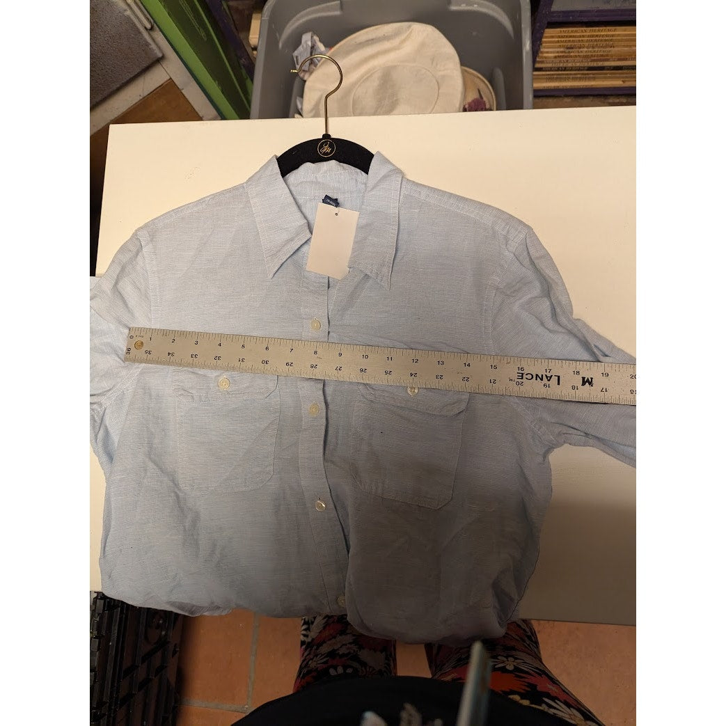 Nordstrom Medium Blue Twill Button Up Pockets Linen Blend long Sleeve top shirt