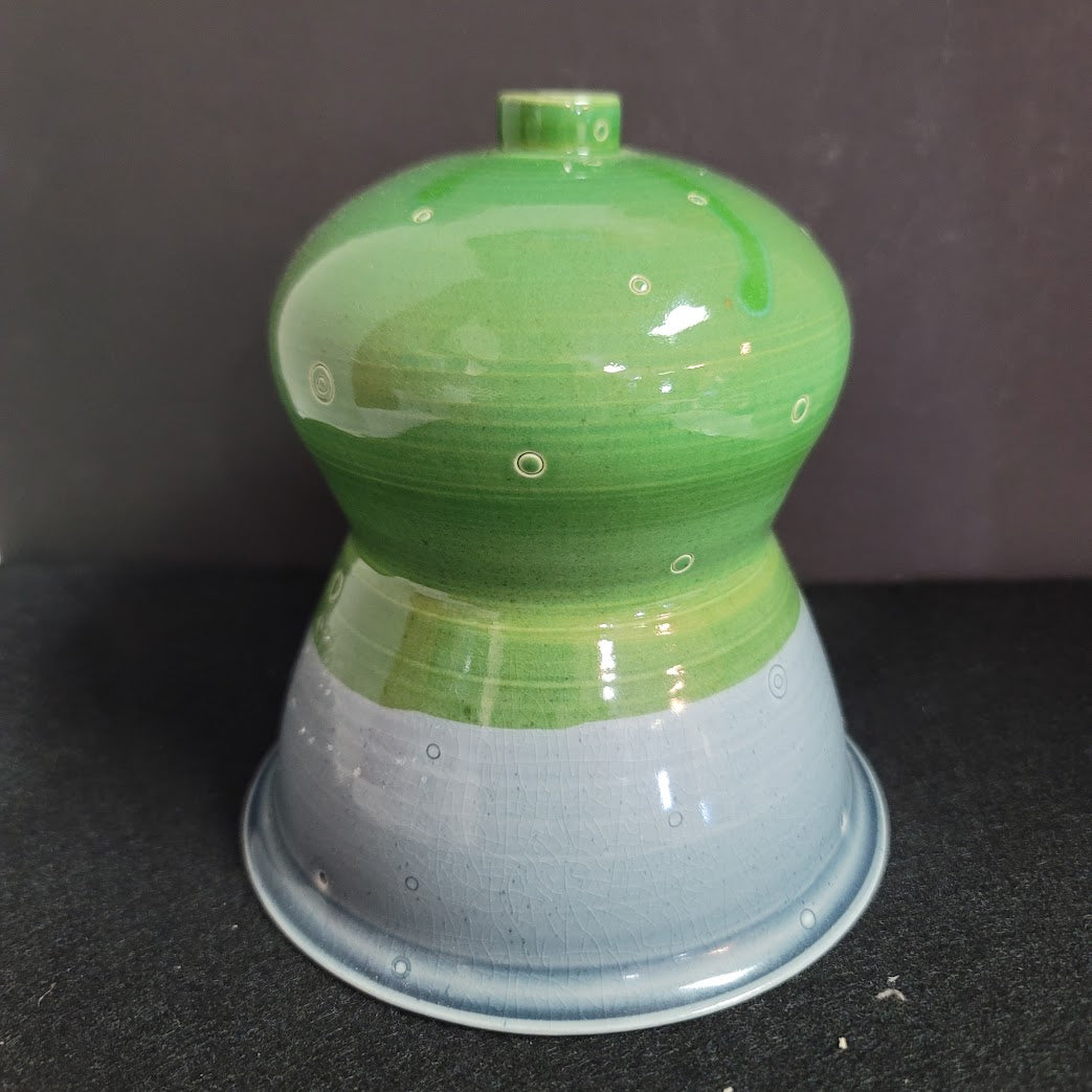 Art pottery ceramic vase Blue green two tone glaze incised circles chop Bottom