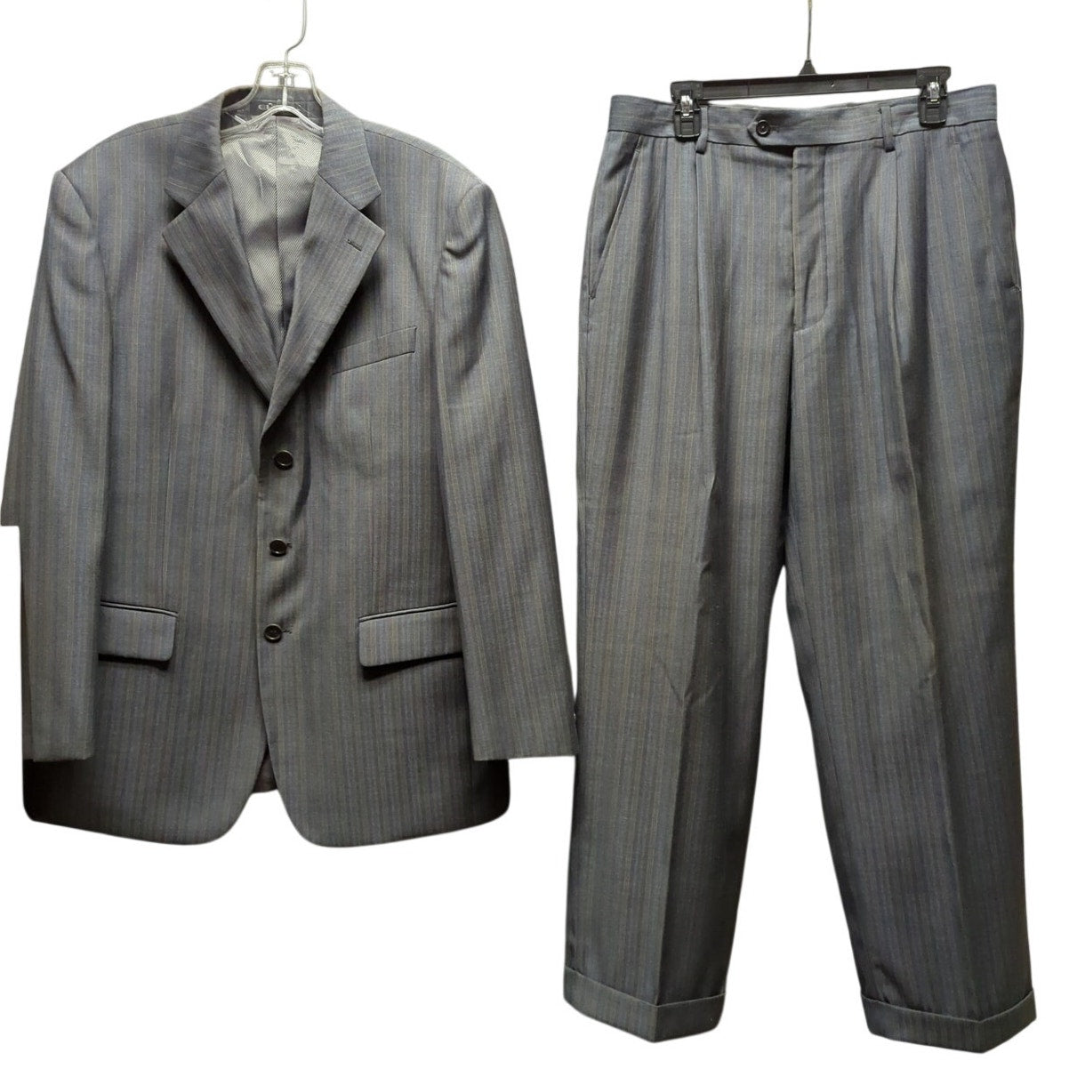 Vintage Elite Mens Pinstripe Suit 40R Gray Single Breasted Dark Academia Power