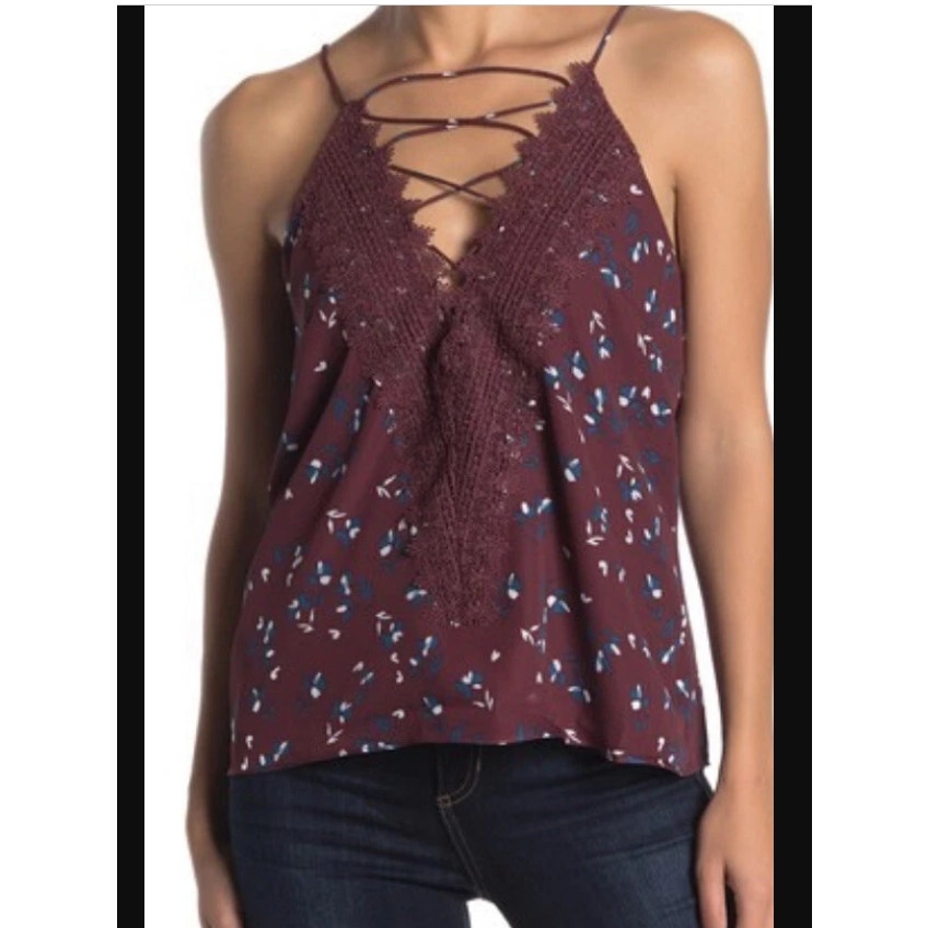 WAYF NWT Posie Strappy Camisole Floral Burgundy Tiered Puff Sleeve Top Medium