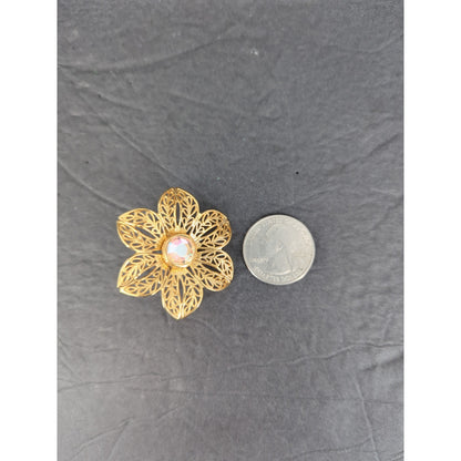 Vintage Gold Tone Filigree Floral AB Rhinestone Clip On Earrings Boho