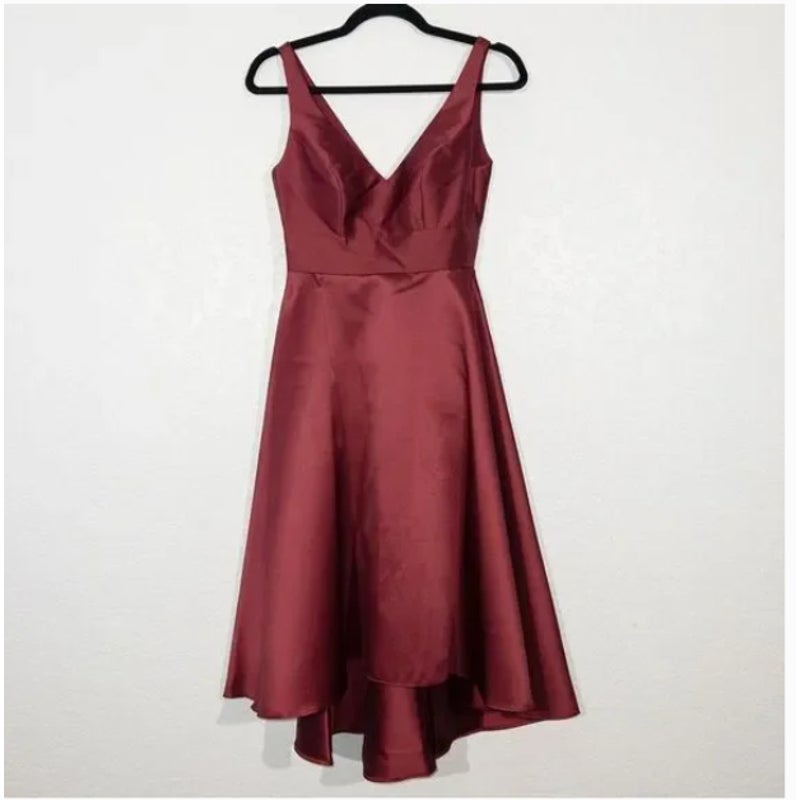 Alfred Sung Sleeveless Sateen Twill Dress Size 0 Burgundy High Low cocktail D765